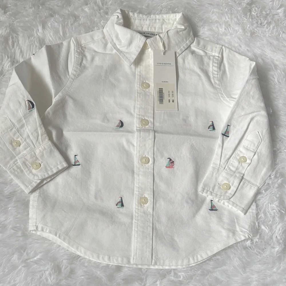 NWT Janie And Jack White Long Sleeve Button Down Sailboat Print Size 6-12 Month